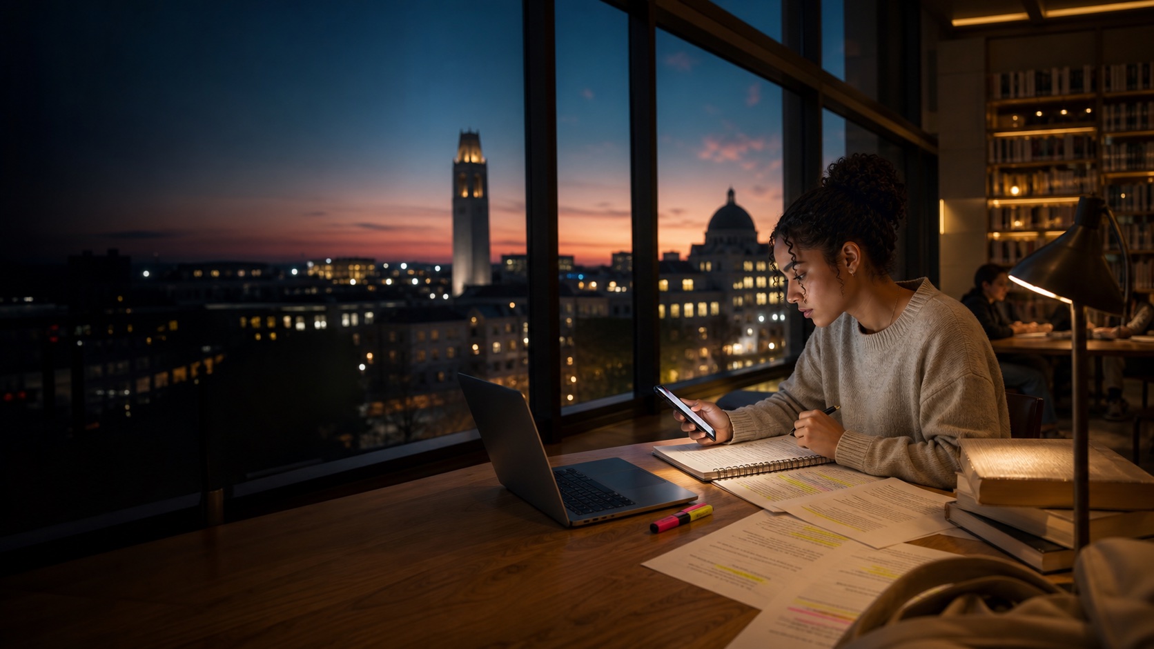 A student preparing course material at a library desk